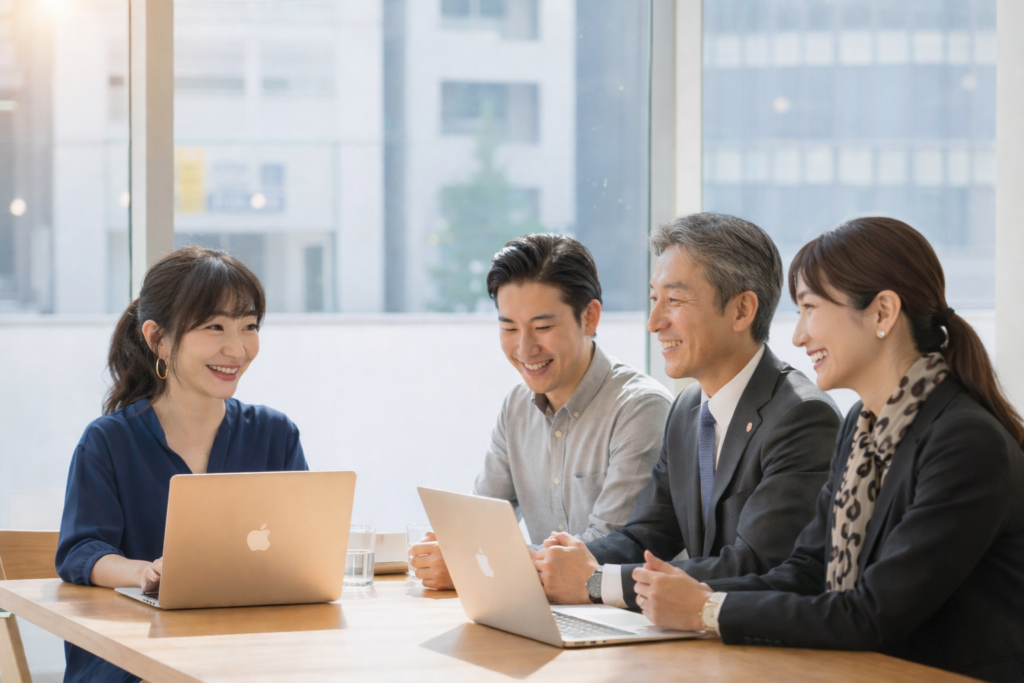 l コンサルティング 笑顔の女性と3人とpc l コンサルティング 笑顔の女性と3人とpc