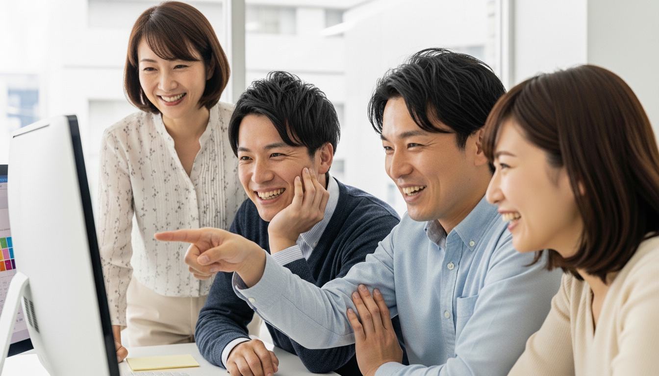 HOME s 4人の男女がパソコンを見て笑顔20 40代