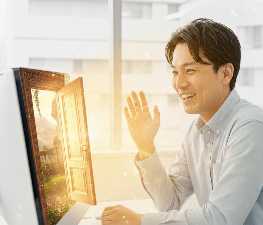 s pcから出た光線に包まれる男性trm