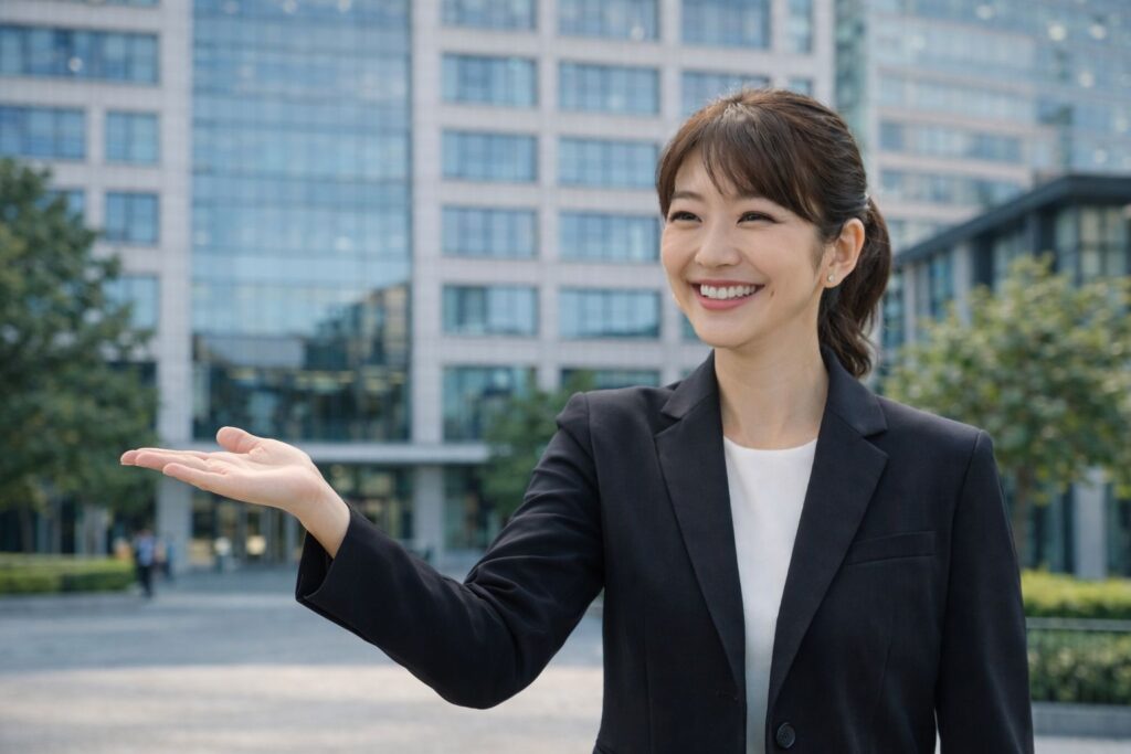 s オオトモが笑顔で左を示す