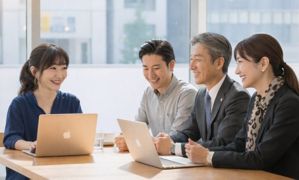 NITTについて s コンサルティング 笑顔のオオトモと3人とpc trm