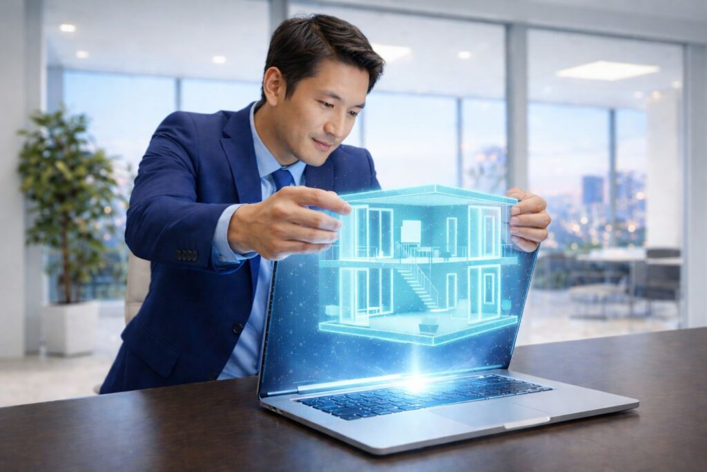 s ３dパースをpcから取り出す男性